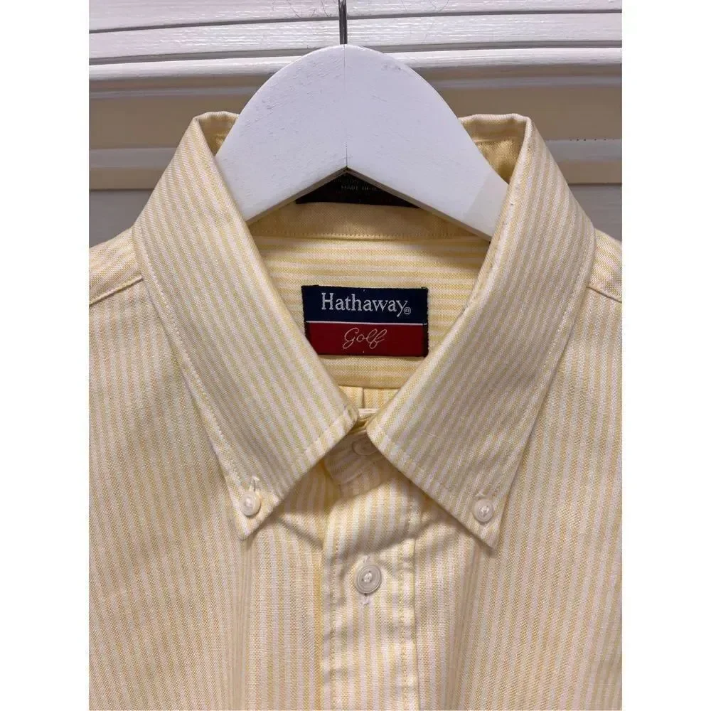 Hathaway Golf Yellow Stripe Mostly Cotton Oxford Shirt sz L NWOT